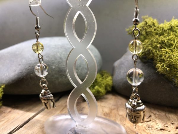 Boucles d'oreilles élégantes en Citrine et Cristal de roche, avec Bouddha.