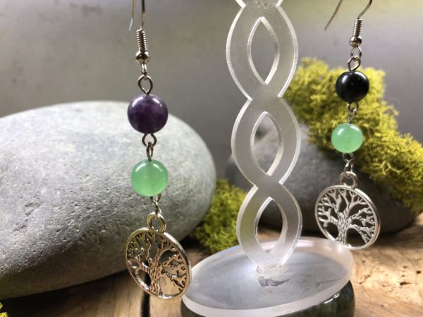 Boucles d'oreilles élégantes en Améthyste, Aventurine verte et Arbre de vie