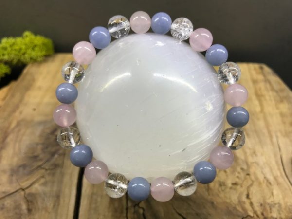 Bracelet Angelite / Quartz rose / Cristal de roche 8mm