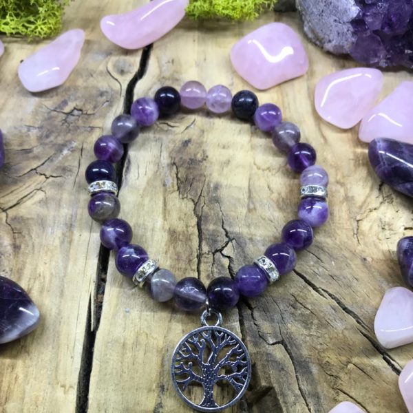 Bracelet élastique en Fluorite et Améthyste, avec un charmant arbre de vie