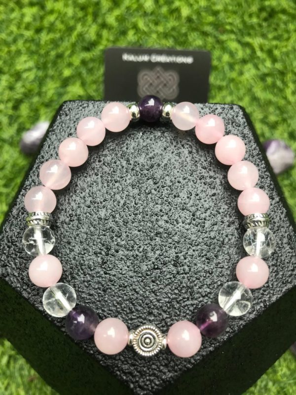 Bracelet perle quartz rose / améthyste / cristal de roche