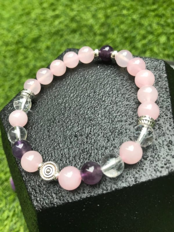 Bracelet perle quartz rose / améthyste / cristal de roche