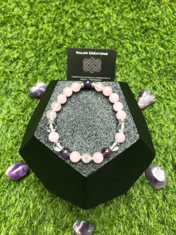 Bracelet perle quartz rose / améthyste / cristal de roche