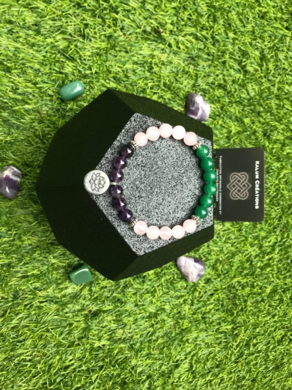 Bracelet perle quartz rose / améthyste / aventurine verte / fleur de lotus