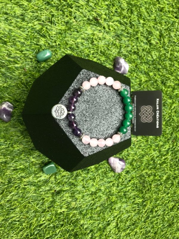 Bracelet perle quartz rose / améthyste / aventurine verte / fleur de lotus
