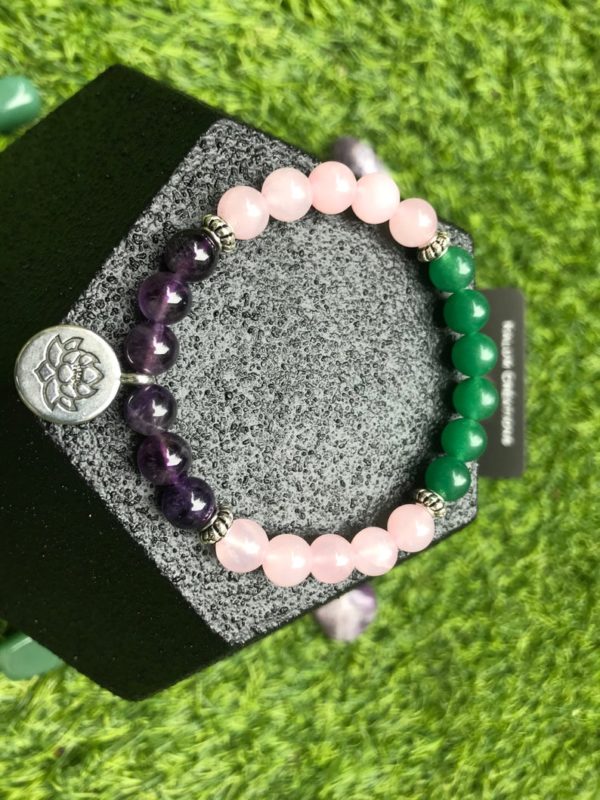 Bracelet perle quartz rose / améthyste / aventurine verte / fleur de lotus