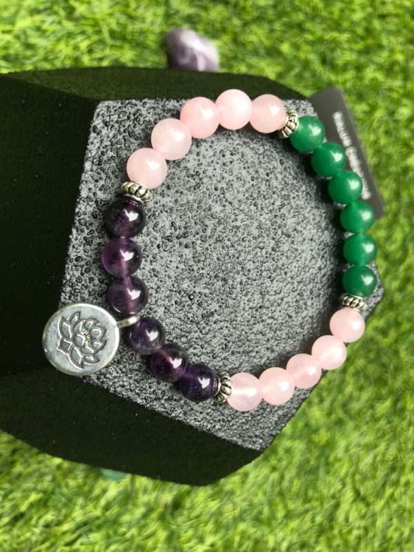 Bracelet perle quartz rose / améthyste / aventurine verte / fleur de lotus