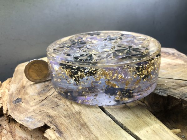 Orgonite fleur de vie 11cm avec Shungite/Améthyste/Cristal de roche